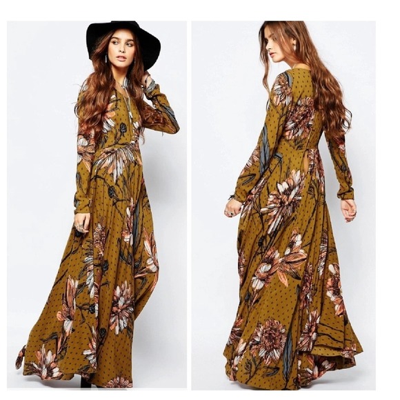 Free People Dresses & Skirts - Free‎ People First Kiss Floral Maxi Dress Small Long Sleeve Boho Goldenrod Multi